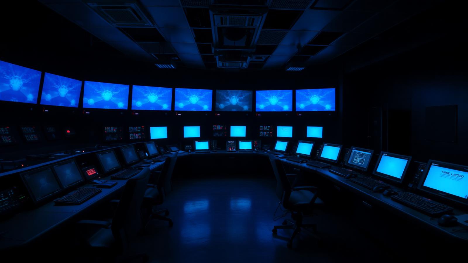 Dark command center with glowing monitors