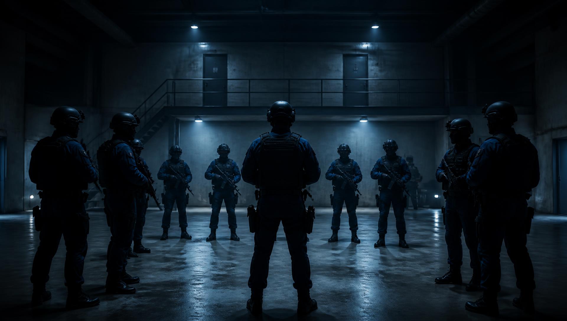 Fictional roleplay response team formed up in a dark training bay